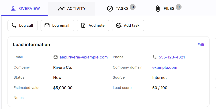 WorkEasier lead record with quick actions and organized customer information