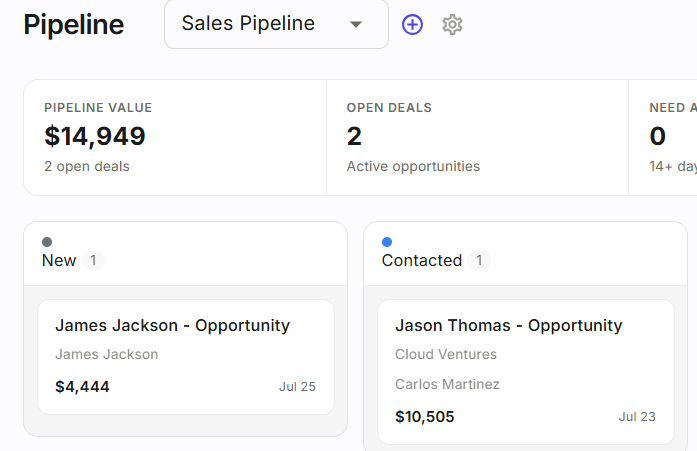 WorkEasier visual sales pipeline with pipeline value, open deals, and opportunities arranged by stage